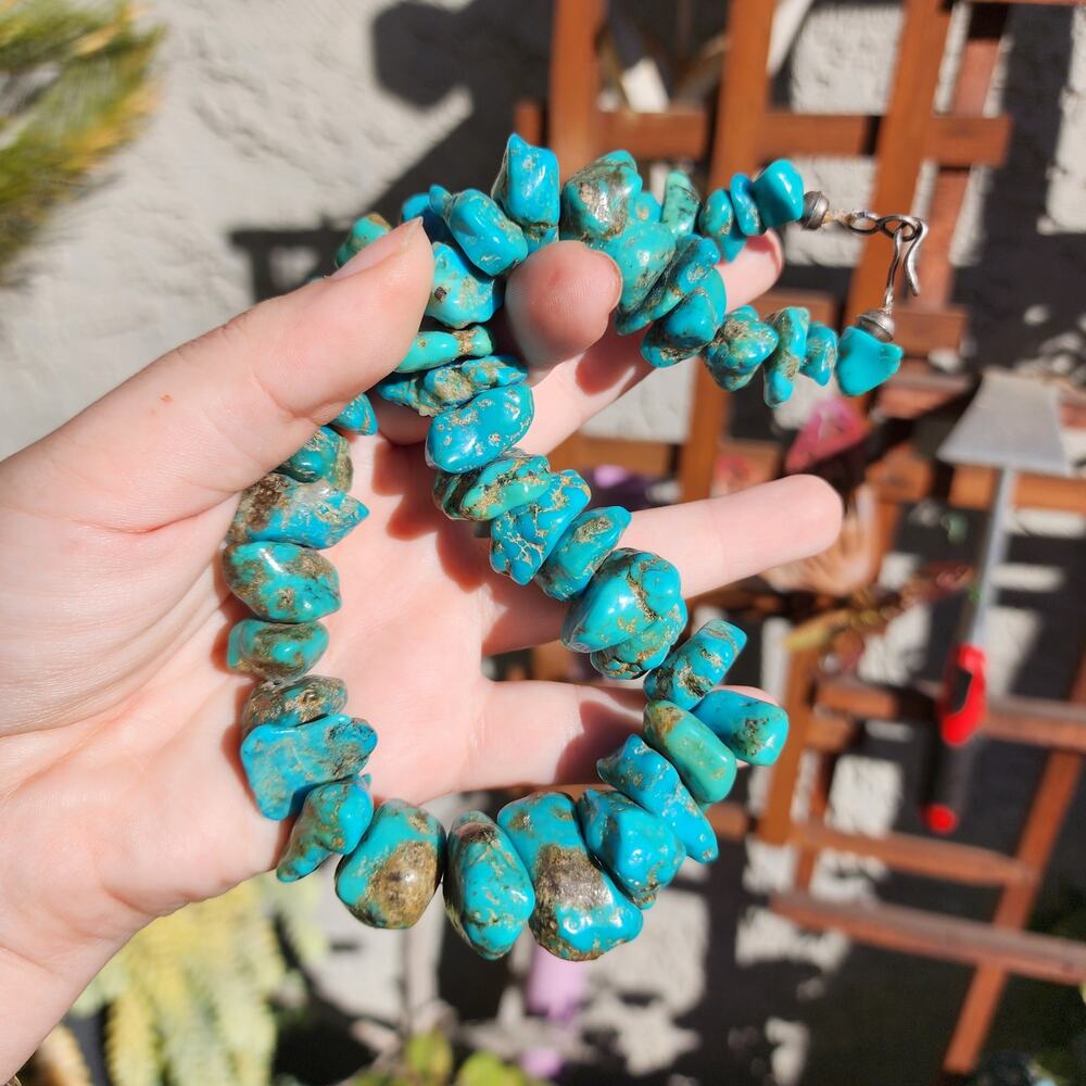 Vtg Santo Domingo Kingman Turquoise Necklace Blue Chunk Nugget Kewa Native Pawn - Picture 15 of 17